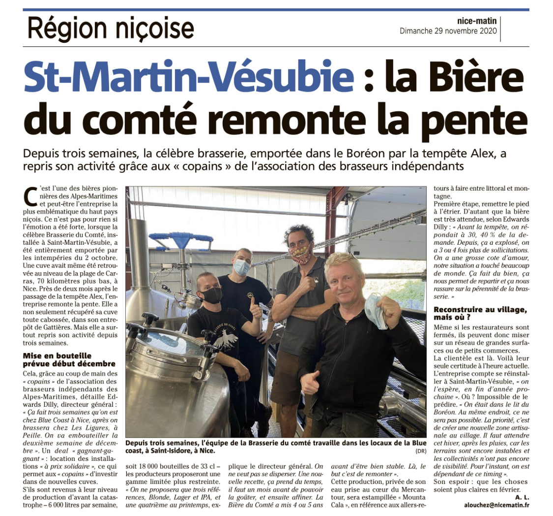 Article ” La Brasserie du Comté remonte la Pente ” Nice-Matin – 29/11/2020